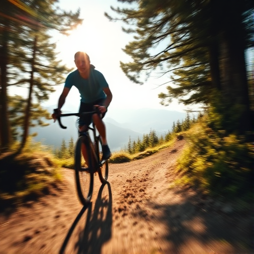Blurry action shot of a cyclist speeding down a mountain trail, dirt flying up from the tires, intense focus on their face, sunlight filtering through the trees, shadows stretching across the trail, distant mountains visible in the background.
