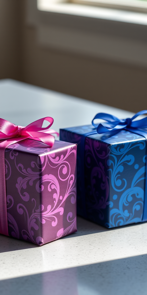 Create an image of two beautifully wrapped gifts, one in deep purple and the other in royal blue, featuring intricate swirls and floral patterns, placed on a smooth surface with soft lighting, using a DSLR camera at f/4 aperture, 50mm lens, 1/60s shutter speed, and natural light to enhance the vivid colors and textures.