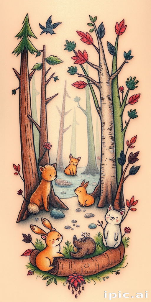 Illustrative tattoo "Whimsical Wanderer" depicting a charming forest scene with woodland creatures and fantastical elements in a storybook-inspired style with soft, earthy color palette