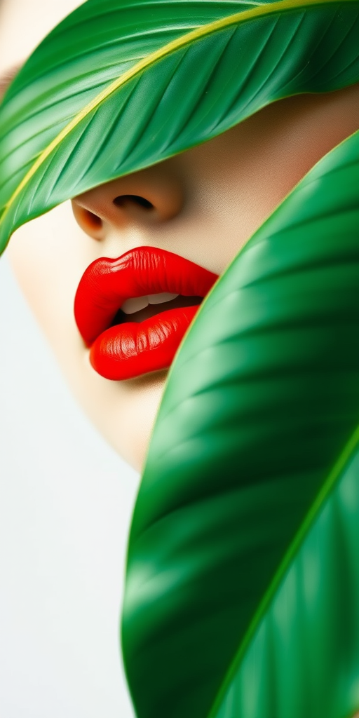 Create a minimalistic line art image of a face with a tropical leaf covering part of it, featuring bold red lips, captured in a soft focus style using a Canon EOS R5, 50mm f/1.2 lens, f/2.8 aperture, and natural light, with a high dynamic range to enhance colors and details.