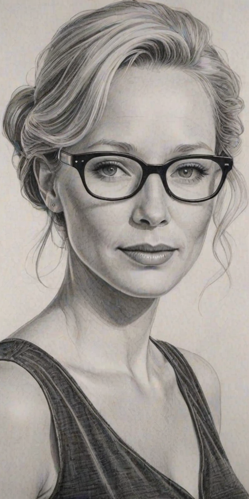 Sublime Anne Heche, pencil sketch, portrait of Delightful woman 1957s in glasses, hair style beatnik, outline, clear lines, fine lines, 8k