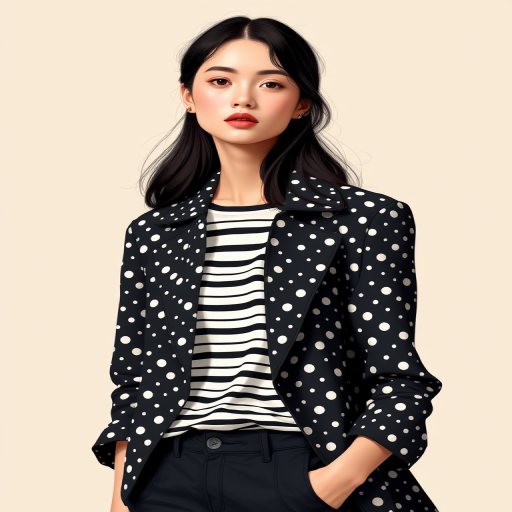 Create a high-resolution digital illustration of a fashion model wearing a polka dot black jacket over a striped shirt, with the background in a soft beige color, use a Canon EOS R5 camera, 50mm lens, f/1.8 aperture, ISO 100, 1/200 sec shutter speed, shot in studio lighting for detailed texture.