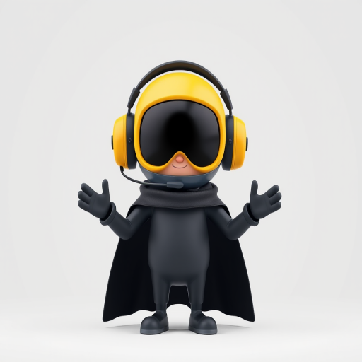 Create a high-resolution 3D render of a cartoon character wearing a black and yellow headset, standing in a neutral pose with arms slightly raised, white background, shot with a 50mm lens at f/8, ISO 100, and a softbox lighting setup to enhance details and reduce shadows.