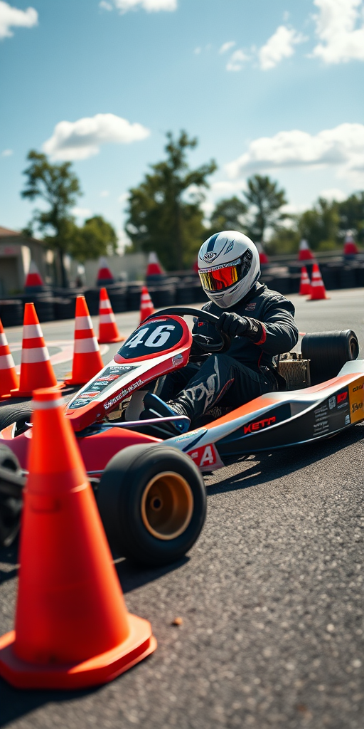 Capture a high-resolution image of a go-kart racer navigating around traffic cones on a sunny day, using a DSLR camera with a 50mm lens, aperture set to f/2.8, ISO 100, shutter speed 1/800s, positioned at eye level for a dynamic viewpoint, ensuring vivid colors and sharp details.