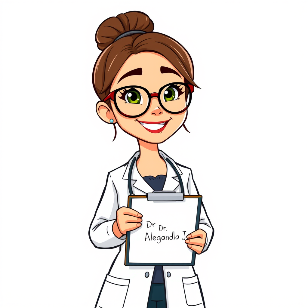 Create an illustration of a cheerful female cartoon doctor with brown hair in a bun, wearing glasses and a white lab coat, holding a clipboard with the text "Dr. Alejandra J." while standing against a solid background, using a digital art style, with sharp lines and vibrant colors, at a resolution of 300 DPI, shot from a frontal view with an emphasis on facial expression, using a tablet for digital illustration.