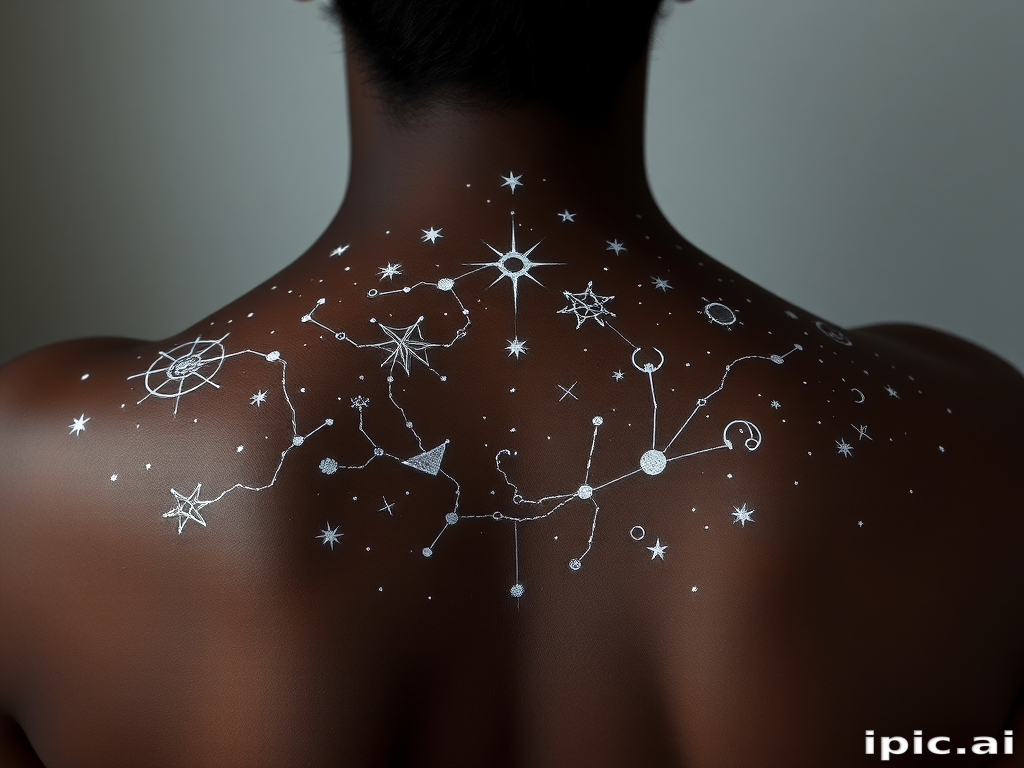 Ethereal white ink constellation tattoo, "Celestial Cartography," mapping out intricate star patterns and zodiac symbols using delicate white ink on darker skin tones, creating a subtle yet magical effect that seems to glow under certain lights, ideal for the back or chest
