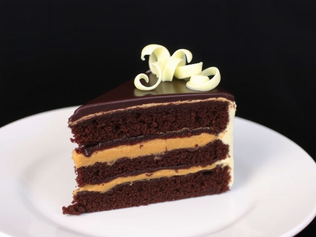 A slice of chocolate cake with multiple layers including dark chocolate ganache and peanut butter filling topped with white frosting and white chocolate curls on a white plate against a dark background.