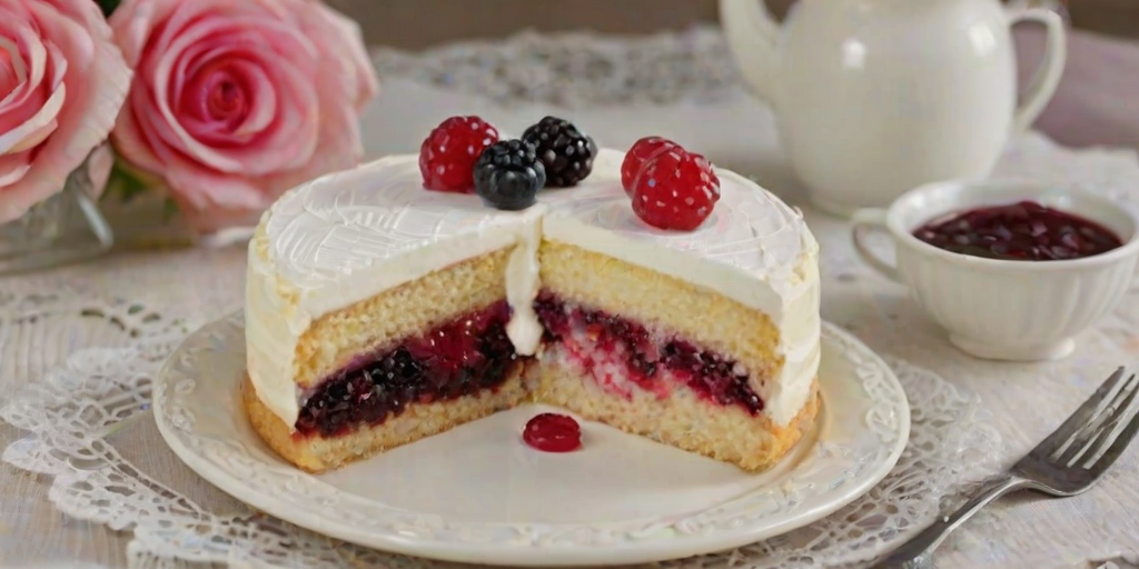 Generate an image of a beautifully arranged dessert platter featuring slices of layered cake. The cake should have a light yellow sponge base with vibrant pink frosting on top, and a layer of dark fruit jam or filling in the middle. Present the cake slices neatly on a white rectangular serving platter, surrounded by small glass jars of milk and decorative elements like a lace doily. The background should be softly blurred to emphasize the cake.