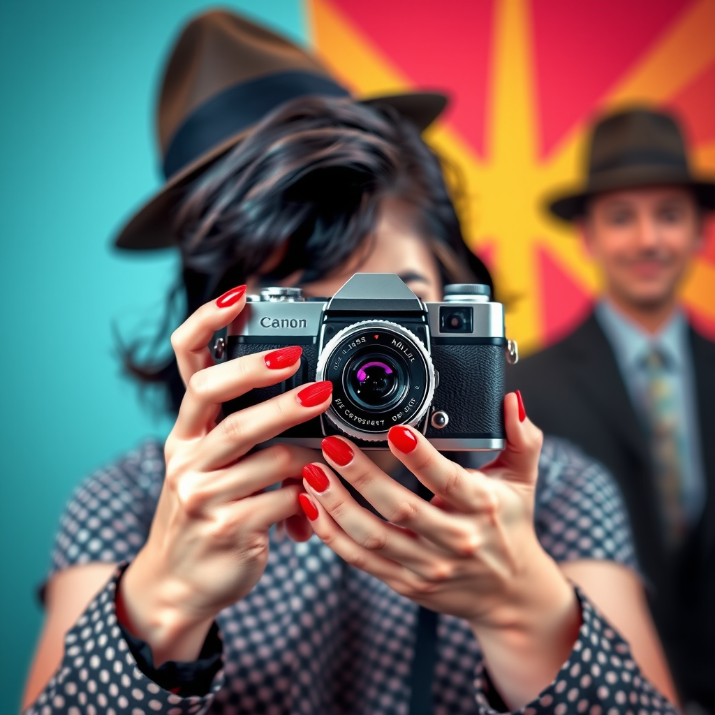 Create a vibrant pop art illustration featuring a woman with dark hair and red nails holding an old-fashioned camera in front of her, with a man in a fedora slightly behind her, using a Canon EOS R5, 50mm lens, f/1.8 aperture, ISO 100, natural lighting, and a shallow depth of field to enhance colors and details in a studio setup.