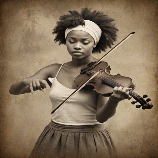a young Afro-Caribbean woman with a white headband playing a violin, in the style of a charcoal drawing, sepia grunge background