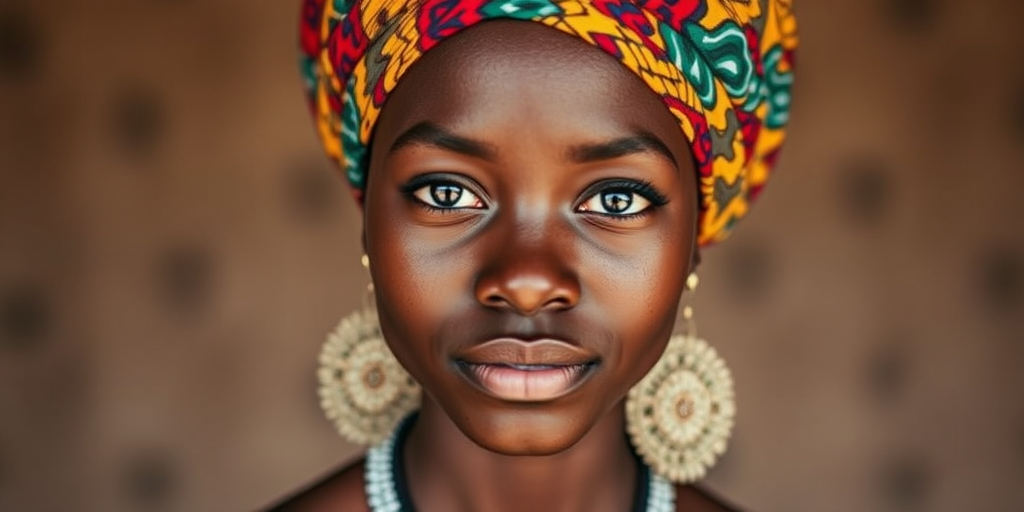 portrait of a young African woman with a colorful headwrap and large earrings, soft lighting, shallow depth of field, 50mm lens, f/1.8, ISO 100, natural light, taken from eye level