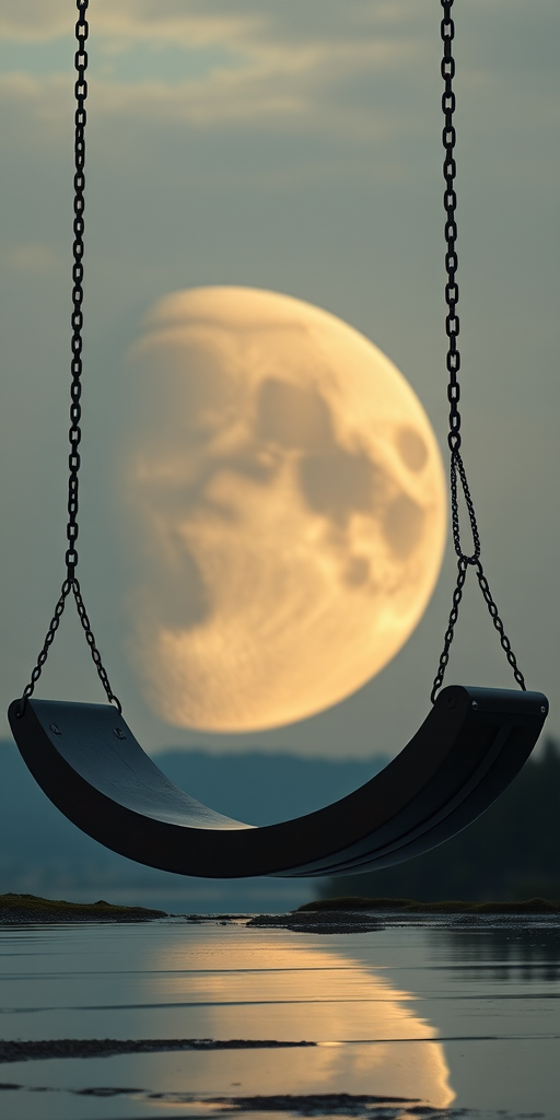 Create a high-resolution image of a large crescent moon swing, featuring reflections and detailed textures, captured with a DSLR camera at f/2.8, ISO 100, and a shutter speed of 1/200s, using a wide-angle lens for a dynamic perspective under soft, diffused natural light.