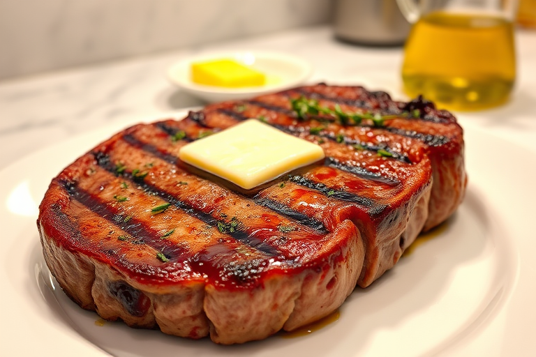 Create an image of a perfectly seared ribeye steak, resting on a white plate with a pat of melting butter on top. The steak is seasoned with fresh herbs like thyme and parsley, with glistening juices highlighting the texture of the meat. The background features a soft focus on a light, marble countertop, with a small dish of butter and an olive oil bottle in the distance. The overall mood should be warm and inviting, capturing the deliciousness and juiciness of the steak.