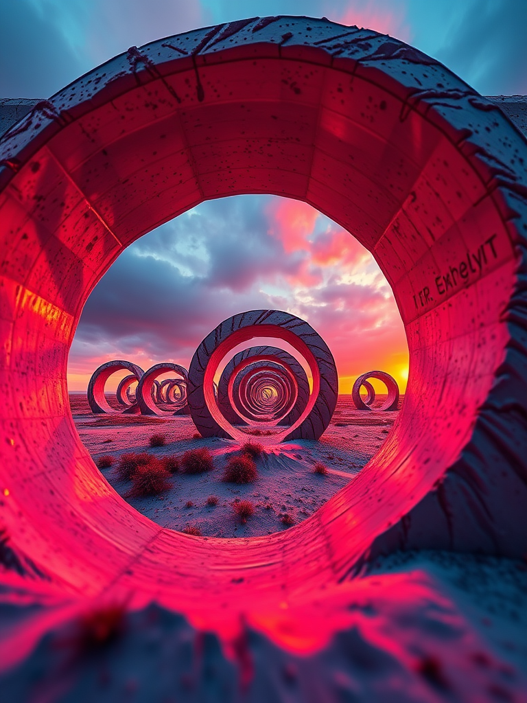 Create a vibrant, abstract landscape featuring spiral structures and glowing orange light, using a wide-angle lens, f/8 aperture, ISO 100, and a full-frame DSLR to enhance image clarity and detail, captured from a low-angle perspective to emphasize depth and scale.
