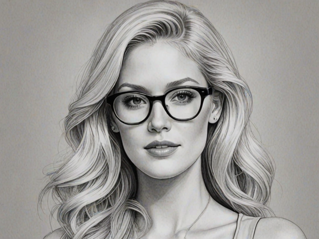 Exquisite Heidi Montag, pencil sketch, portrait of Stunning woman 1925s in glasses, hair style beatnik, outline, clear lines, fine lines, 8k