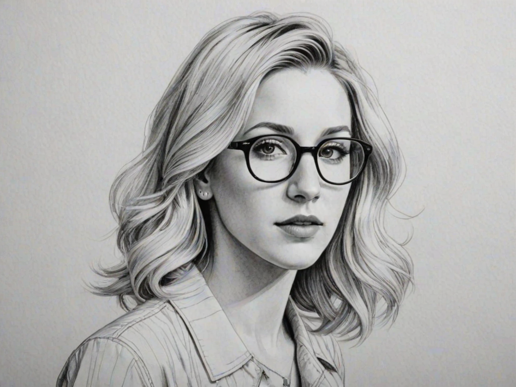 Attractive Ellie Goulding, pencil sketch, portrait of Enticing woman 1932s in glasses, hair style beatnik, outline, clear lines, fine lines, 8k