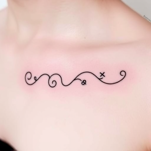 Minimalist single-line tattoo called "Continuous Journey" showcasing a complex design created with one unbroken line. Intricate curves and loops form recognizable shapes and symbols, telling a story through its flowing path. Fine, precise linework in deep black ink stands out against the skin, creating a striking contrast and modern aesthetic.