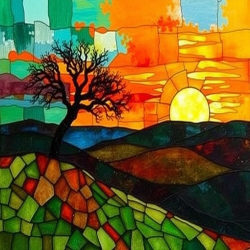A vibrant abstract painting on Tiffany Glass, blending acrylic and alcohol ink techniques, captures a dramatic sunset over rolling hills. The artwork features a textured, rocky foreground in green and brown, layered abstract hills, and a striking sunset in rich oranges, yellows, and reds. A solitary black tree with intricate branches contrasts against the fiery sky, creating a dynamic and expressive portrayal of a breathtaking natural scene.