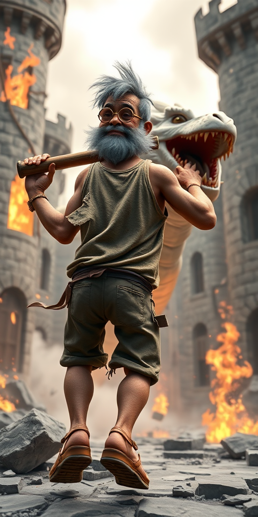Cartoon 3D High-Resolution,dynamic battle scene using Unreal Engine 5 and Octane Render. The scene features back of an elderly, thai man with a beard,messy hair and round golden-rimmed glasses. He is wearing a tattered tank top with soot marks, shorts, and sandals. sweating. he wields a baseball bat. He jump to fight with a white fire-breathing Europe dragon amidst a partially destroyed stone castle. Include intense flames, smoke, and debris to enhance the dramatic effect.