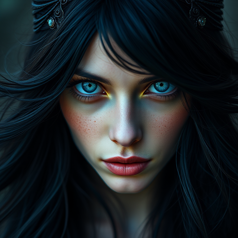 Create a high-resolution portrait of a mystical woman with striking blue eyes and dark, flowing hair adorned with intricate details, captured with a 50mm lens at f/1.8, using a low-angle view, in soft diffused lighting, with a DSLR camera to enhance color vibrancy and depth.