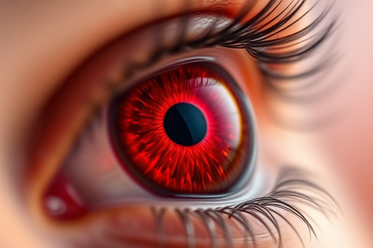 Create an abstract close-up of an eye with vibrant red iris and colorful gradient background, using a macro lens at f/2.8, ISO 100, 1/200 sec, shot from a frontal view with a soft focus effect, using a DSLR camera.