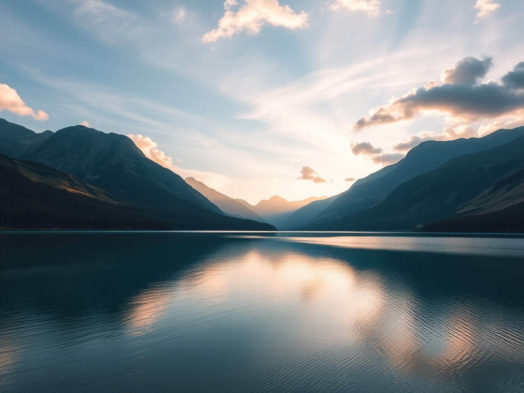 Create a high-resolution image of a serene landscape featuring a calm lake surrounded by mountains at sunrise with soft clouds in the sky, using a Canon EOS 5D Mark IV, 24mm lens, aperture f/8, ISO 100, shutter speed 1/125 sec, shot from a mid-range perspective with natural lighting.
