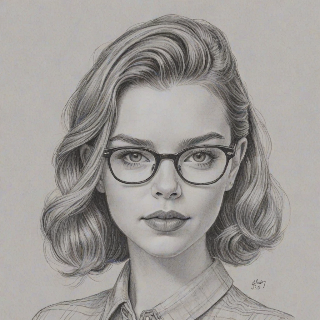 Dazzling Anya Taylor-Joy, pencil sketch, portrait of Magnificent woman 1937s in glasses, hair style beatnik, outline, clear lines, fine lines, 8k
