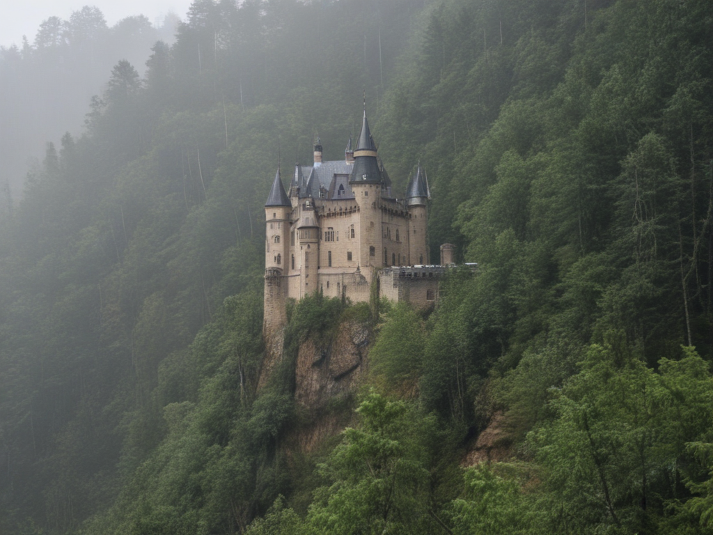 a castle in the rain, in the forest.