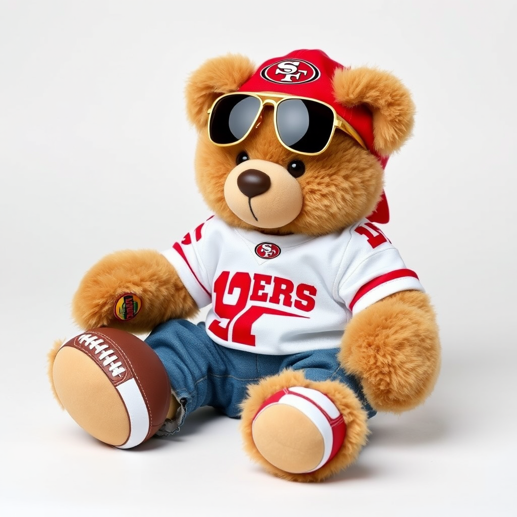 A cute and fluffy teddy bear dressed in a San Francisco 49ers-themed outfit, wearing a red cap with the 49ers logo, aviator sunglasses, and a white football jersey with red accents. The bear is also wearing casual jeans and red and white sneakers, while sitting in a relaxed pose with a football beside it. The teddy bear has a cool, laid-back attitude, with a sporty vibe. The background is clean and minimal, highlighting the bear as the main focus.