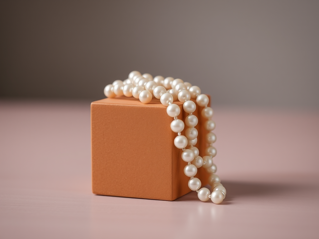 Create a still life image of a brown cube with a pearl necklace elegantly draped over it, using a soft focus effect, a 50mm lens at f/2.8, and a shallow depth of field, with soft lighting to enhance the textures and reflections.