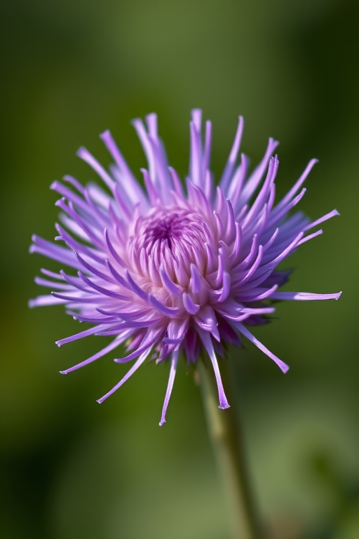 Close-up shot of a purple thistle flower with a blurred green background, aperture set at f/2.8, shutter speed 1/200s, ISO 100, macro lens, DSLR camera, natural lighting.