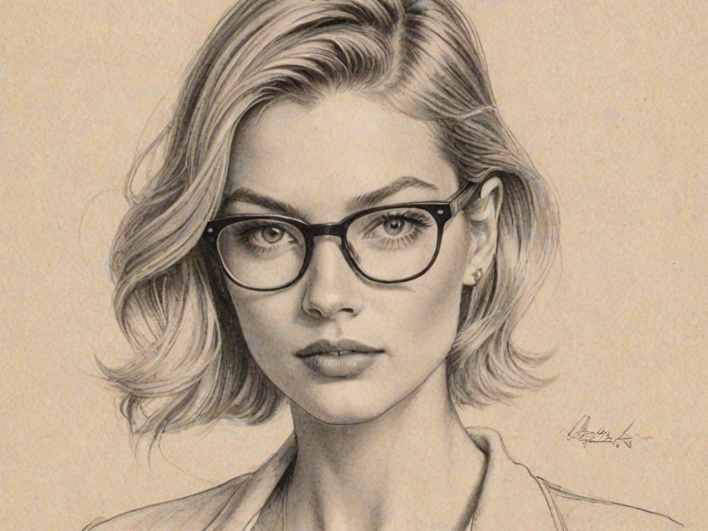 Attractive Martha Hunt, pencil sketch, portrait of Wonderful woman 1934s in glasses, hair style beatnik, outline, clear lines, fine lines, 8k