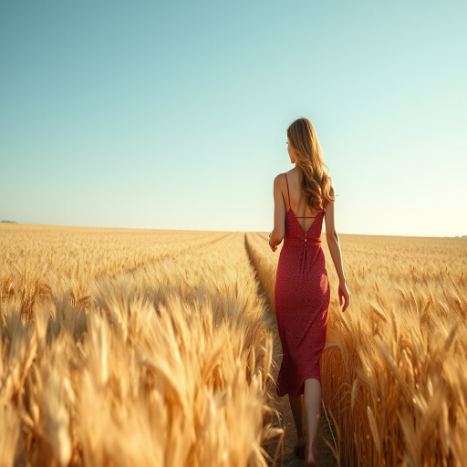 Golden wheat field stretching out under a clear blue sky, a woman walks slowly through the field, her hands brushing the tops of the wheat as she passes.