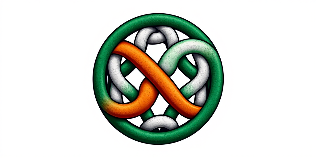 create a highly detailed vector image of a Celtic knot with intertwined loops in green, orange, and white, with a transparent background, using a Canon EOS R5 with an aperture of f/8, ISO 100, a focal length of 50mm, and a depth of field effect to enhance clarity and sharpness