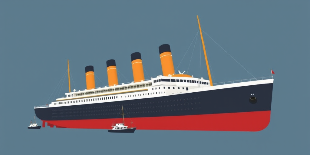 regenerate an illustration of a large ocean liner with four tall funnels, a three-deck structure, and two smaller boats alongside, featuring a black hull and a red bottom