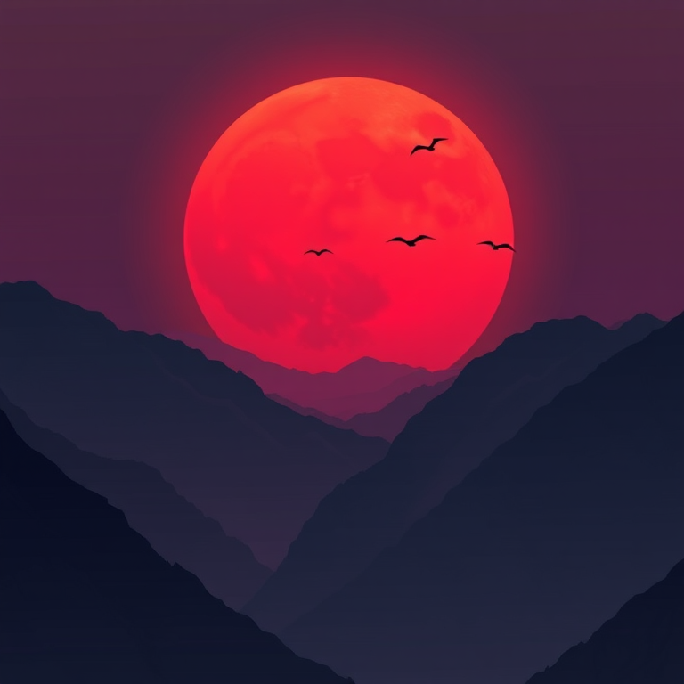 Create a digital illustration of a dramatic mountain landscape at dusk with a large, glowing red moon in the background, featuring silhouetted mountains, birds flying across the moon, shot with a DSLR camera, 35mm lens, f/8 aperture, ISO 100, at a low angle for added depth.