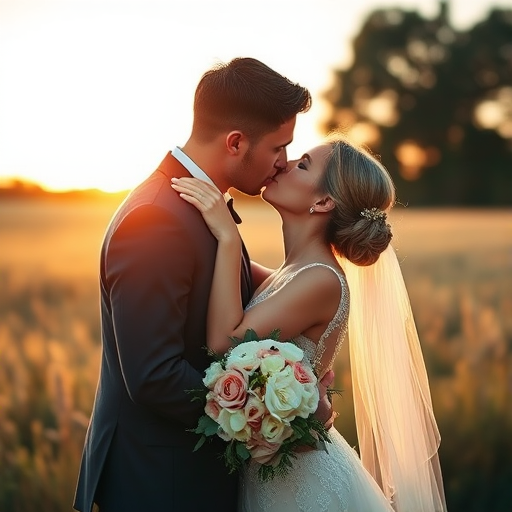 Wedding couple kissing in a field at sunset, soft natural lighting, shallow depth of field, 85mm f/1.4 lens, aperture f/2.8, ISO 100, shutter speed 1/200 sec, DSLR camera, portrait orientation, high-resolution image.