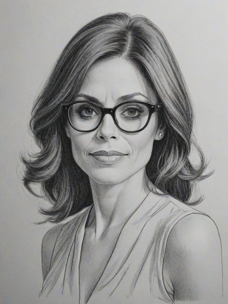 Graceful Bethenny Frankel, pencil sketch, portrait of Dazzling woman 1965s in glasses, hair style beatnik, outline, clear lines, fine lines, 8k