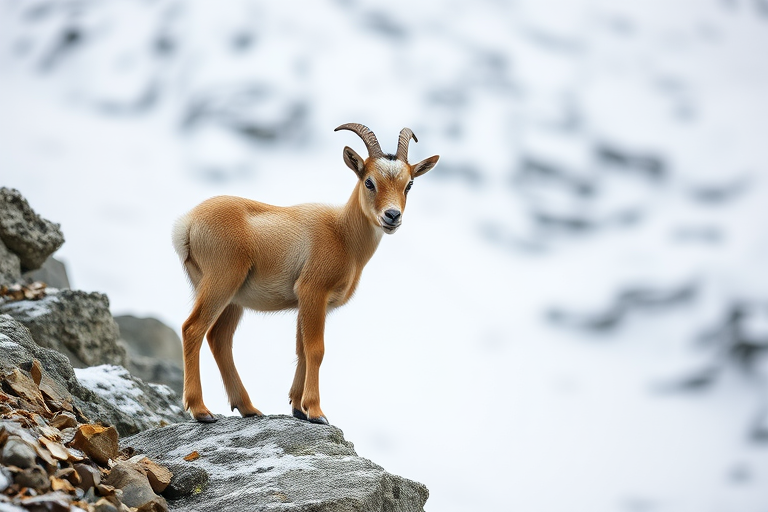 A young goat standing on a rocky outcrop in a snowy landscape, captured with a Canon EOS 5D Mark IV, 85mm lens, f/4 aperture, ISO 200, shutter speed 1/500s, in natural light, focus on the subject with a soft blurred background.