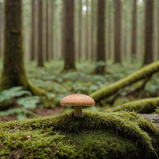 Create an image of a solitary mushroom growing on a moss-covered log in a forest, with a soft focus background of trees.