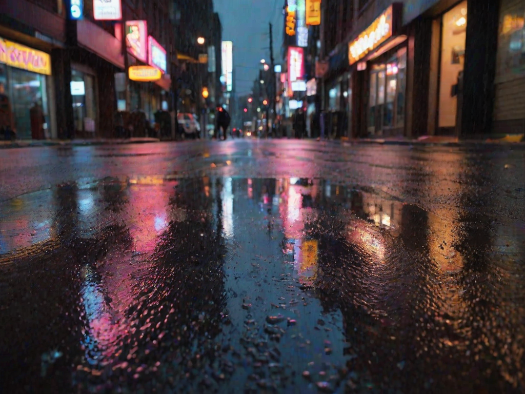 Sharp, detailed photo of a city street reflected in a rain puddle, soft neon lights from nearby signs casting colorful streaks across the wet pavement, and the quiet aftermath of a storm.