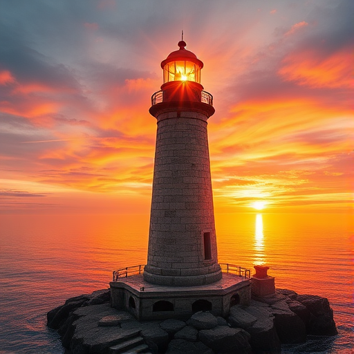 Generate an image of a tall lighthouse perched on a rocky outcrop surrounded by calm ocean waters during a breathtaking sunset. The lighthouse stands sturdy and weathered, its stone surface illuminated by the warm golden light of the setting sun. The sun's rays pass directly through the glass lantern room at the top of the lighthouse, casting a brilliant light across the scene. The sky is painted with vibrant shades of orange, pink, and purple, reflecting off the tranquil sea. The surrounding water shimmers with the same warm hues, creating a serene and majestic atmosphere.