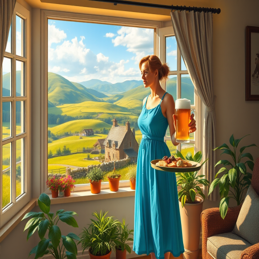 In "A Glass of Beer on the Highland," a serene scene is depicted in a sunlit room where a woman in a vibrant blue dress stands by a large window. She holds a tray with a hearty meal and a frothy glass of beer, embodying a moment of relaxation. Outside, the breathtaking highland landscape features rolling green hills and a charming traditional house, all bathed in warm afternoon light. The interior is adorned with potted plants, creating a harmonious blend of comfort and nature. The painting beautifully captures the tranquility and joy found in simple pleasures amidst stunning scenery