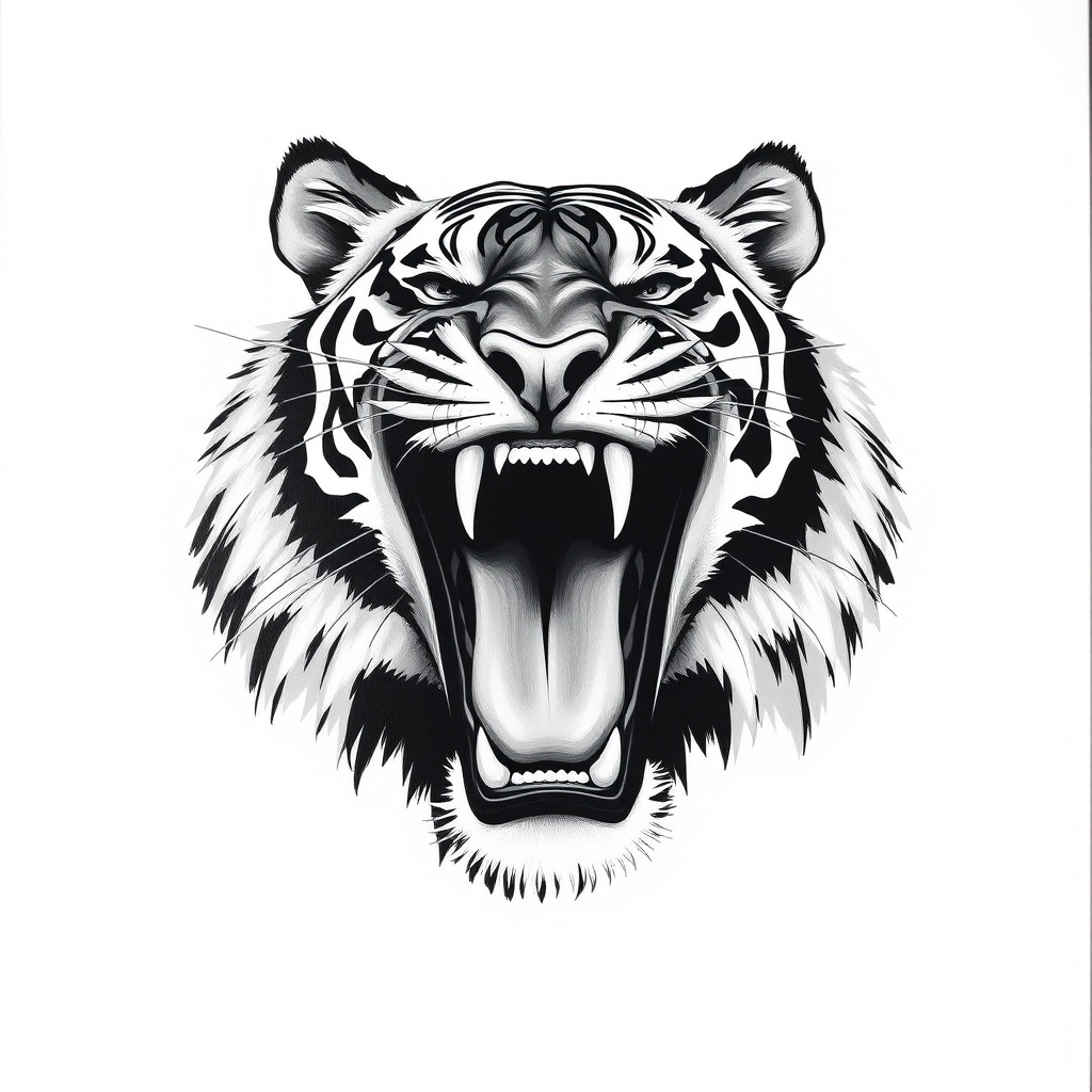 Abstract black and white acrylic portrait of an over exaggerated laughing (tiger). Minimalism style. White background.