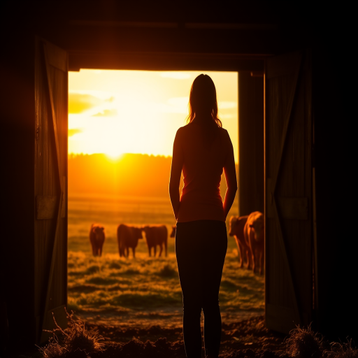 Sunset on a rural farm, the silhouette of a woman standing in a barn doorway, the golden light streaming in as she looks out over a field of grazing cows.