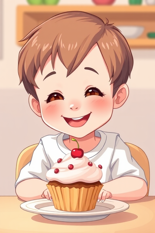 Create an illustration of a smiling child with short hair sitting at a table, excitedly looking at a cupcake on a plate, using a soft focus lens, f/2.8 aperture, 50mm focal length, natural lighting, with an emphasis on vibrant colors and playful expressions.
