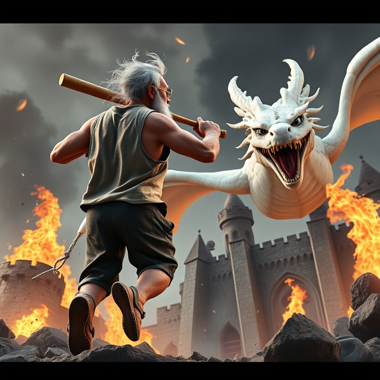 Cartoon 3D High-Resolution,dynamic battle scene using Unreal Engine 5 and Octane Render. The scene features back of an elderly, thai man with a beard,messy hair and round golden-rimmed glasses. He is wearing a tattered tank top with soot marks, shorts, and sandals. sweating. he wields a baseball bat. He jump to fight with a white fire-breathing Europe dragon amidst a partially destroyed stone castle. Include intense flames, smoke, and debris to enhance the dramatic effect.