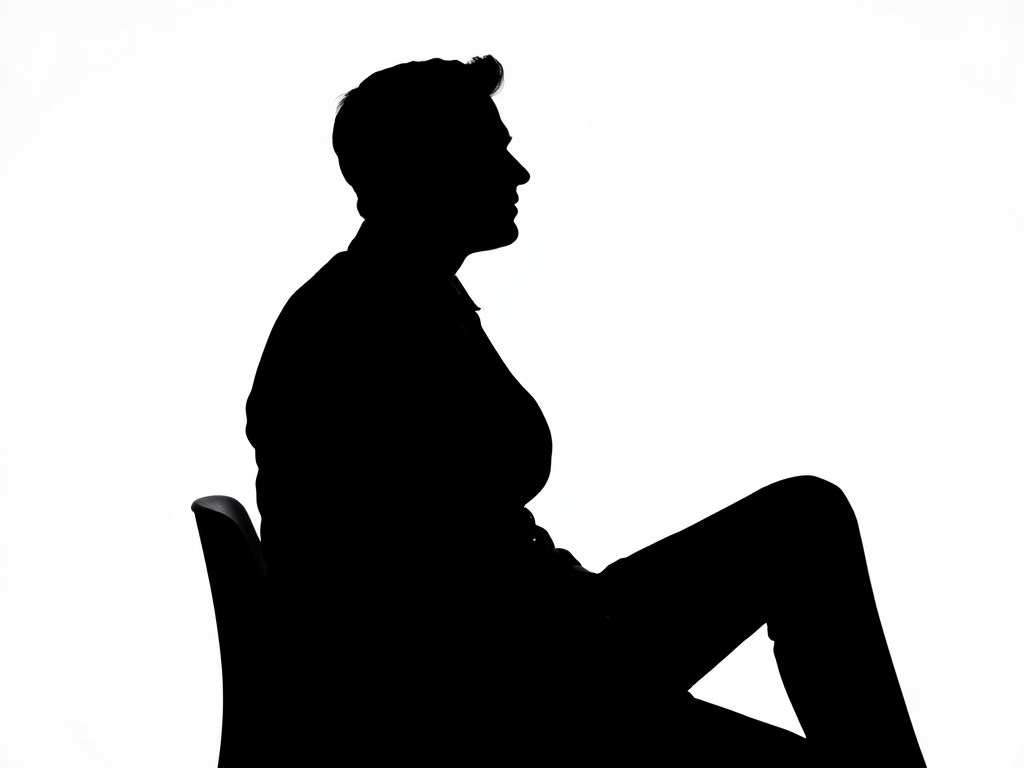Create a high-contrast silhouette of a seated man in a suit against a white background, using a Canon EOS R5, 35mm lens, f/2.8 aperture, 1/125s shutter speed, ISO 100, captured in portrait view with soft lighting to emphasize the silhouette.