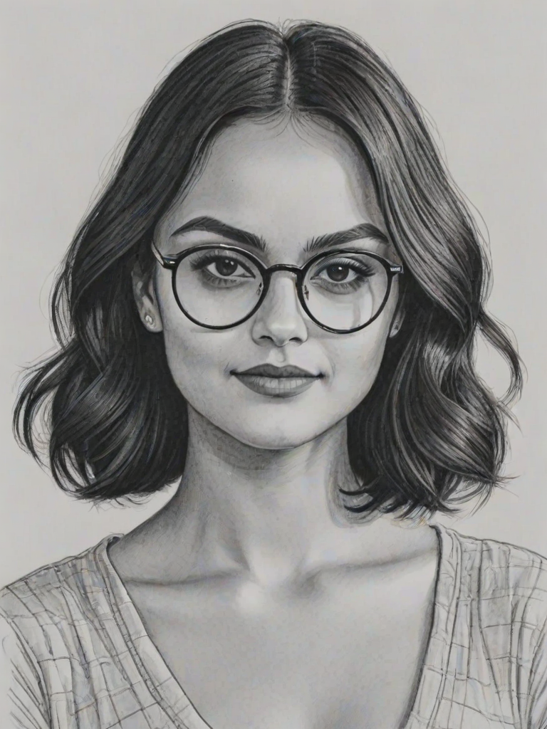 Dazzling Camila Mendes, pencil sketch, portrait of Stunning woman 1929s in glasses, hair style beatnik, outline, clear lines, fine lines, 8k