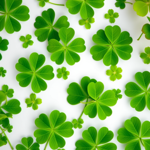 Generate a seamless pattern of clovers and green leaves on a white background, capturing vibrant shades of green, using a Canon EOS R5 with a 50mm f/1.2 lens, aperture set to f/5.6, ISO 100, and a slight top-down angle for a flat lay effect.